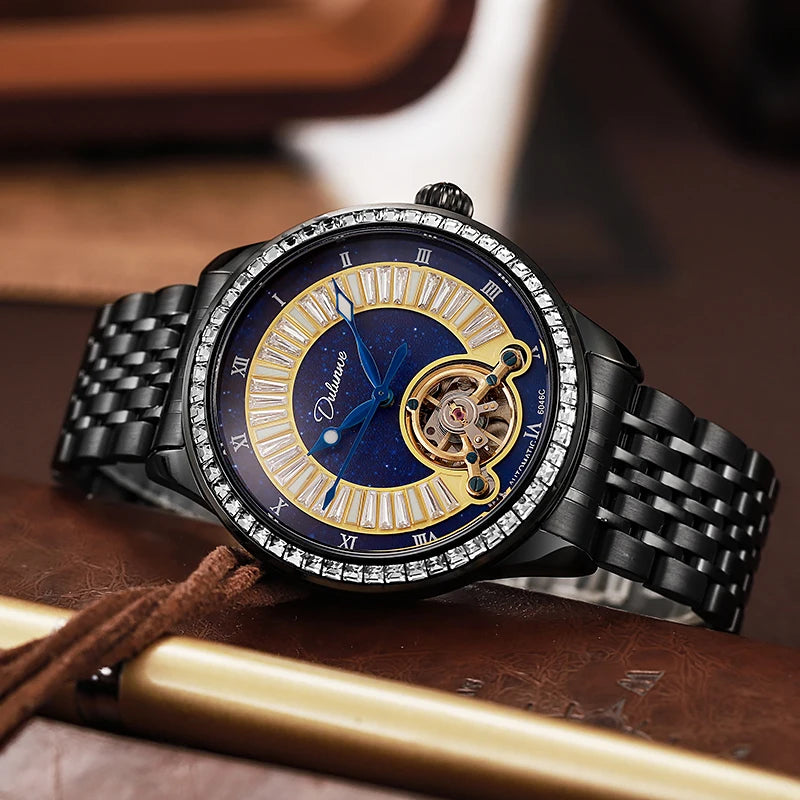 Montre Homme Tourbillon Automatique Mécanique – Cadran Strass Lumineux Sport Étanche Acier