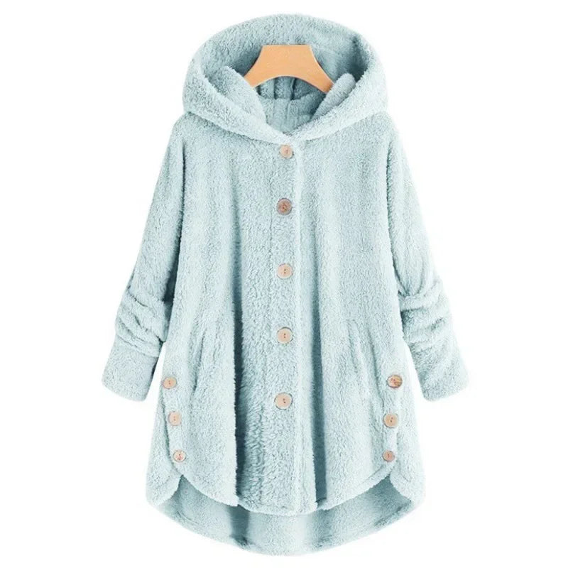Damen Teddyfell-Mantel mit Kapuze – Warme Fleece-Jacke Unifarben | Herbst Winter Trend