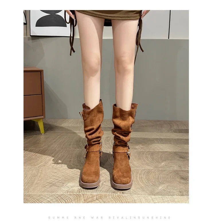 Bottes Cowboy Femme Marron Vintage Boucle Métal 2024 – Talon Carré Longues Knight Fashion