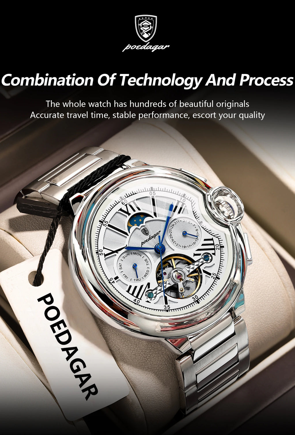 Montre Homme POEDAGAR Tourbillon Automatique Militaire – Acier Date Semaine Étanche
