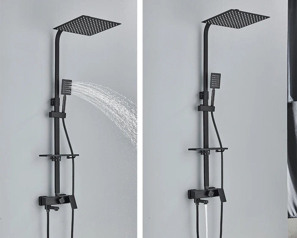 Rozin Ensemble Douche Pluie Mural Noir – Avec Bidet, Étagère & Bec Baignoire | Système Complet Laiton