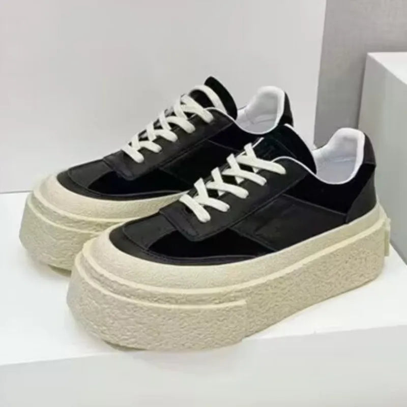Chaussures Cuir Véritable Femme Cake Sole 2024 – Blanches Casual Élévées Sport Printemps