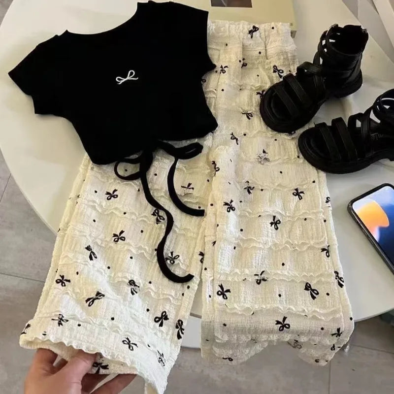T-Shirt Nœud Style Coréen Fille + Pantalon Large – Tenue Été Tendance Enfant 2-8 Ans