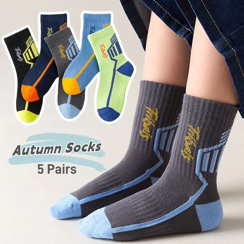 Lot 5 Paires Chaussettes Garçon Coton Rayures Motif Football – Chaussettes Enfant Printemps Automne 1-14 Ans