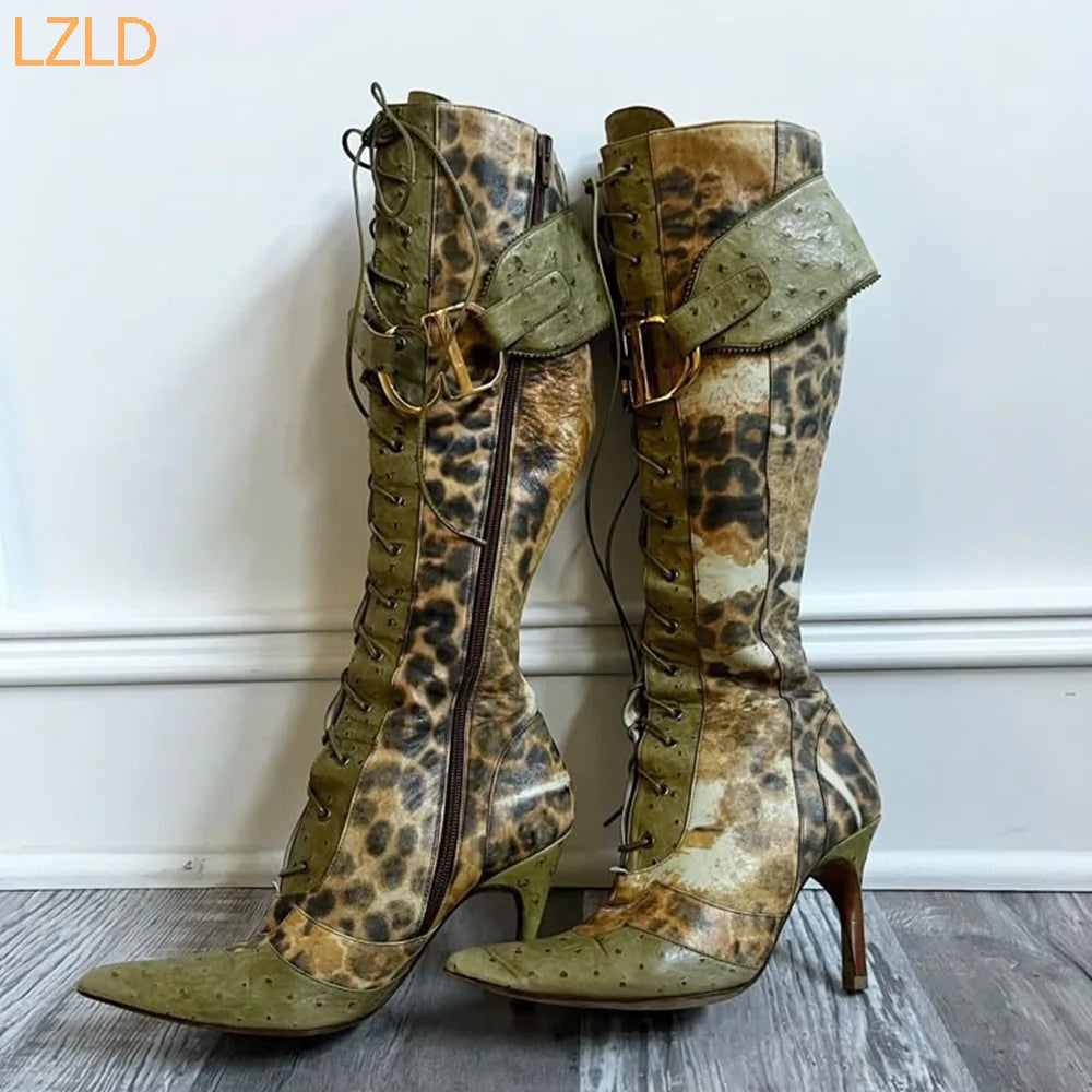 Bottes Léopard Vert Luxe Stiletto Zip 2026 – Cross Strap Boucle Catwalk Fête Fashion
