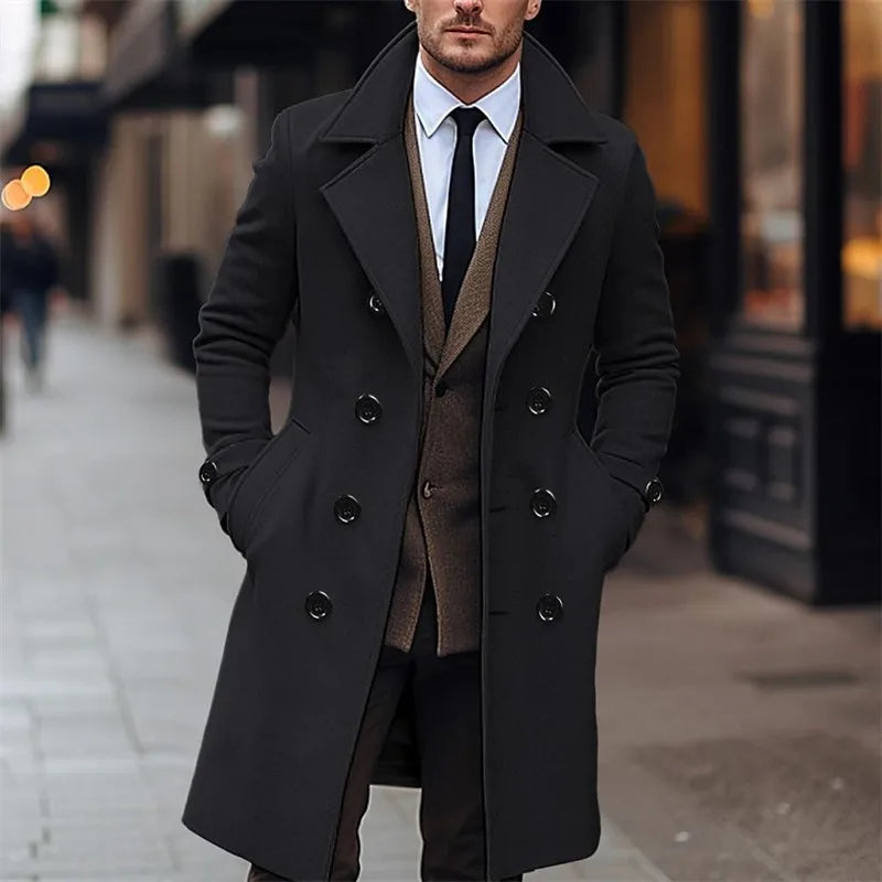 Manteau Homme Laine Double Boutonnage Long Trench Business Casual Style Anglais Élégant Automne Hiver Chaud Raffiné Premium – Manteau Laine Luxe Style Britannique | Mode Homme Luxe Hiver Premium