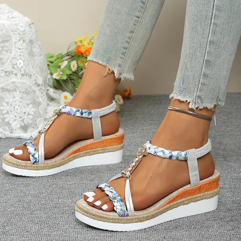 Sandales T-Strap Wedge Mix Color Femme – Bande Élastique Plateforme Bout Ouvert Été