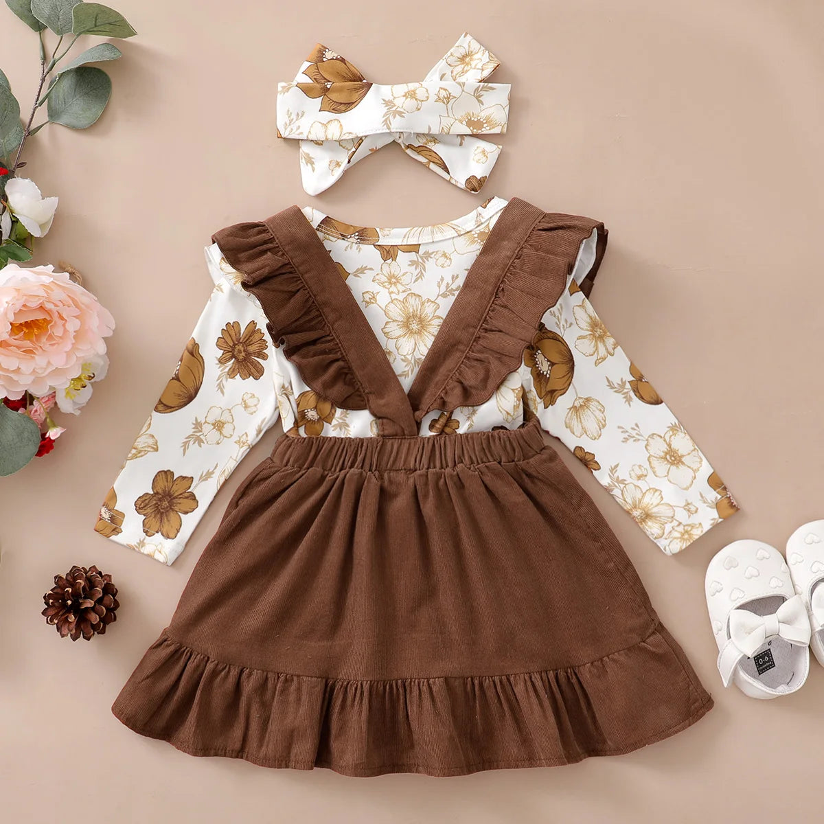 Tenue 3 Pièces Bébé Fille Fleurie – Top Manches Longues + Jupe Bretelles + Bandeau 0-12 Mois