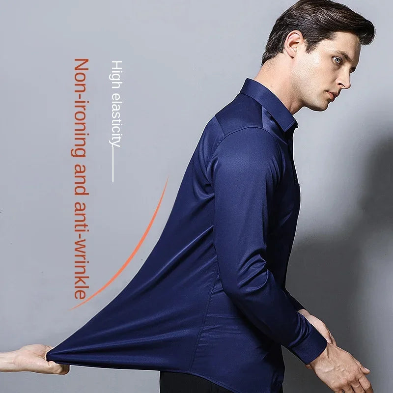 Chemise Homme Manches Longues Élastique Col Mao Sans Repassage – Tenue Professionnelle Business Dress Élégante | Mode Homme Premium