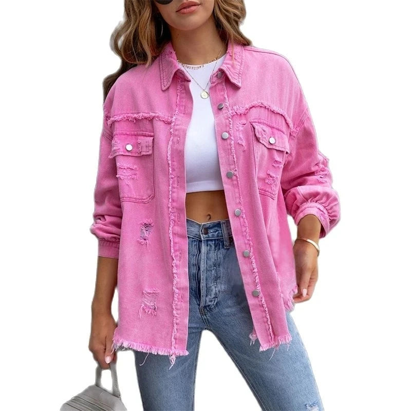 Veste en Jean Femme Bords Bruts Troués – Style Chemise Casual | Printemps Automne Tendance 2025