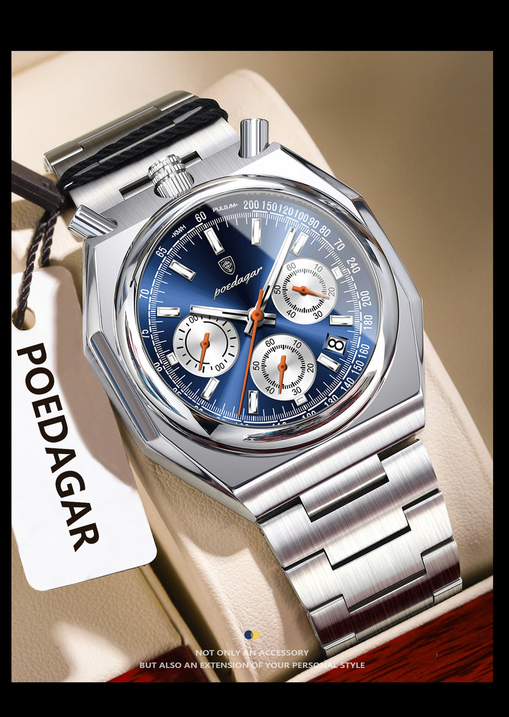 Montre Homme Luxe POEDAGAR Chronographe Militaire Acier Inoxydable Lumineux Étanche + Boîte