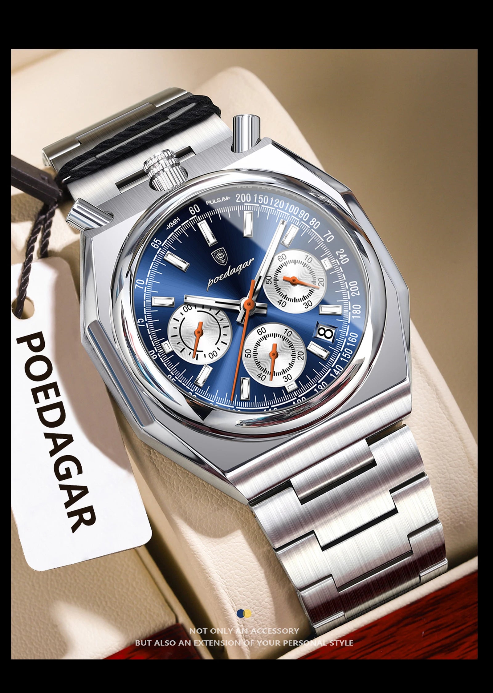 Montre Homme Luxe POEDAGAR Chronographe Militaire Acier Inoxydable Lumineux Étanche + Boîte