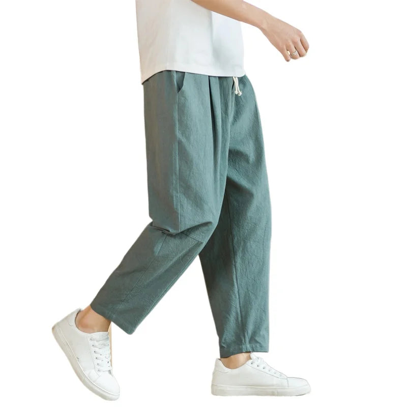 Pantalon Homme Lin Coton Casual Couleur Unie Respirant Loose Straight Baggy Léger – Cordon Streetwear Sport | Mode Homme Confort