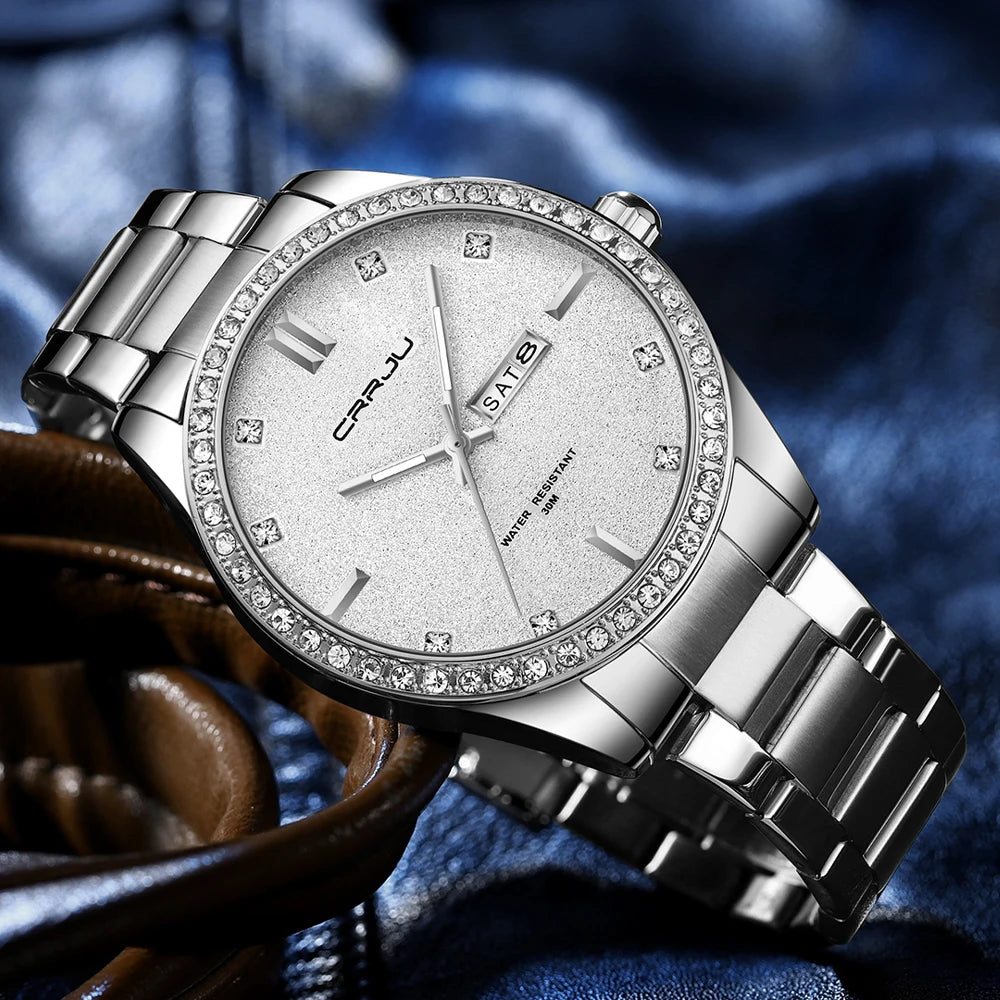 Montre Homme CRRJU Moissanite Diamant Luxe Cadran Doré Acier Inoxydable Lumineux Élégante Premium | Montre CRRJU Moissanite Diamant Luxe Premium