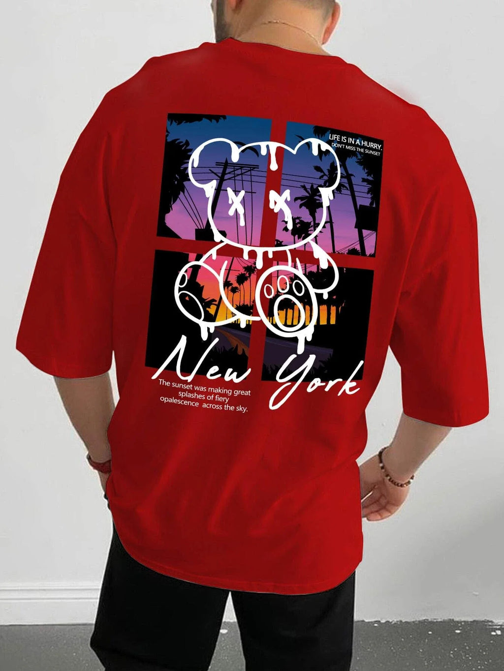 T-Shirt Homme New York Art Cartoon Bear Coucher de Soleil Coton Loose Oversize Été Streetwear Graphic Fashion Tendance Confortable – T-Shirt Graphic Art Premium Oversize New York | Mode Homme Streetwear Graphic Art Premium