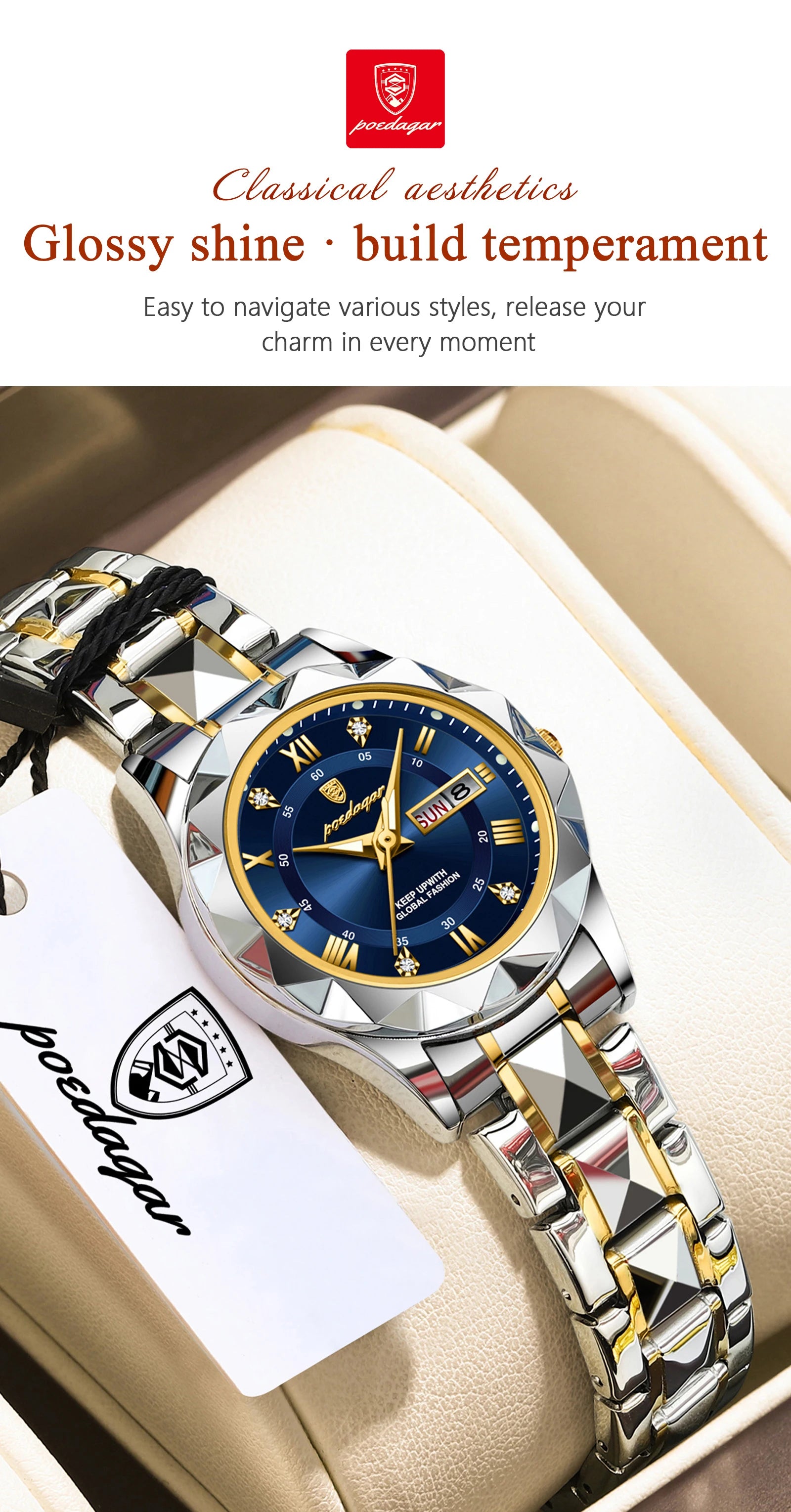 Montre Femme POEDAGAR Casual Quartz Lumineuse – Acier Inoxydable Étanche Date Semaine Fashion