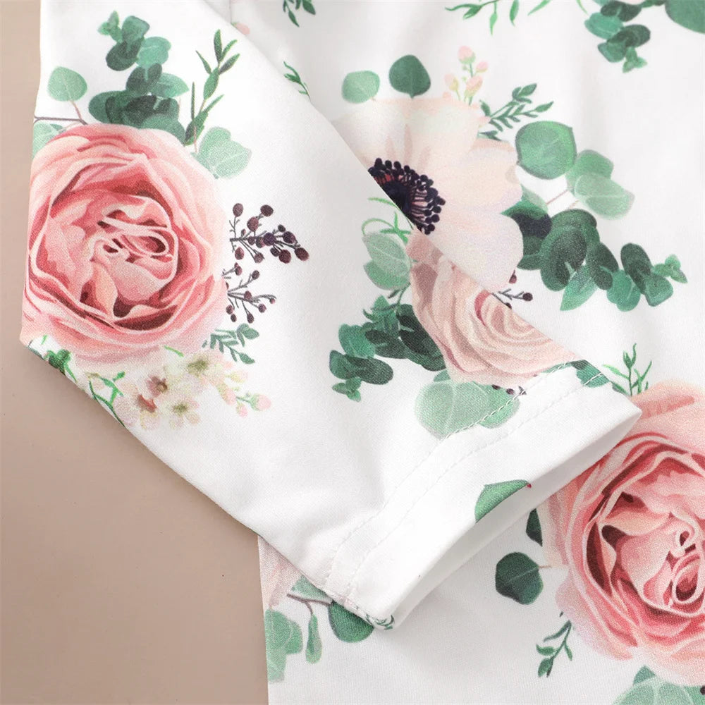 Tenue 3 Pièces Bébé Fille Fleurie – Top Manches Longues + Jupe Bretelles + Bandeau 0-12 Mois