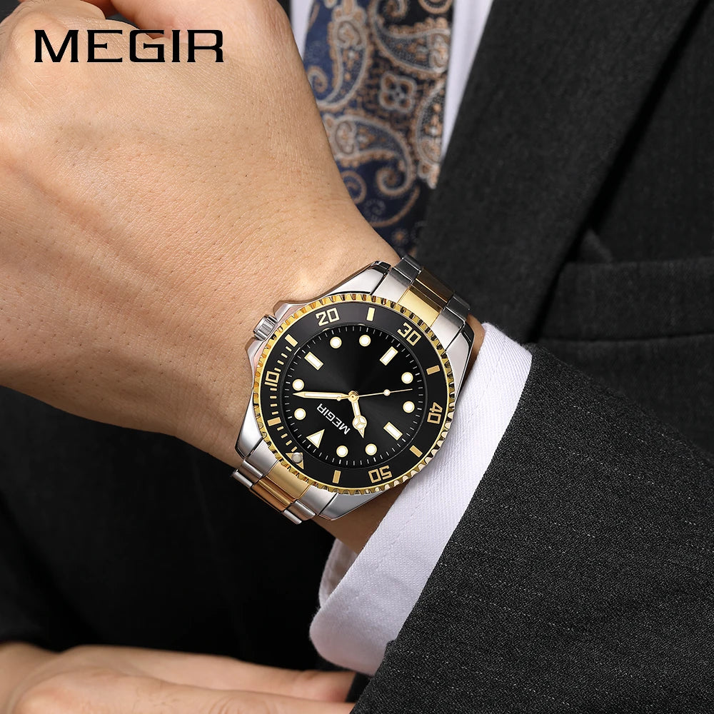 Montre Homme Luxe MEGIR Quartz Acier Calendrier – Classique Étanche Fashion