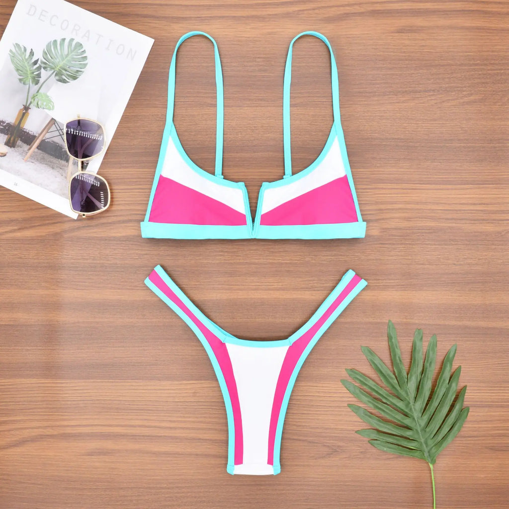 Bikini Femme 2 Pièces Denim Effet Jeans Tanga V Push-Up – Maillot de Bain Sexy Été & Plage