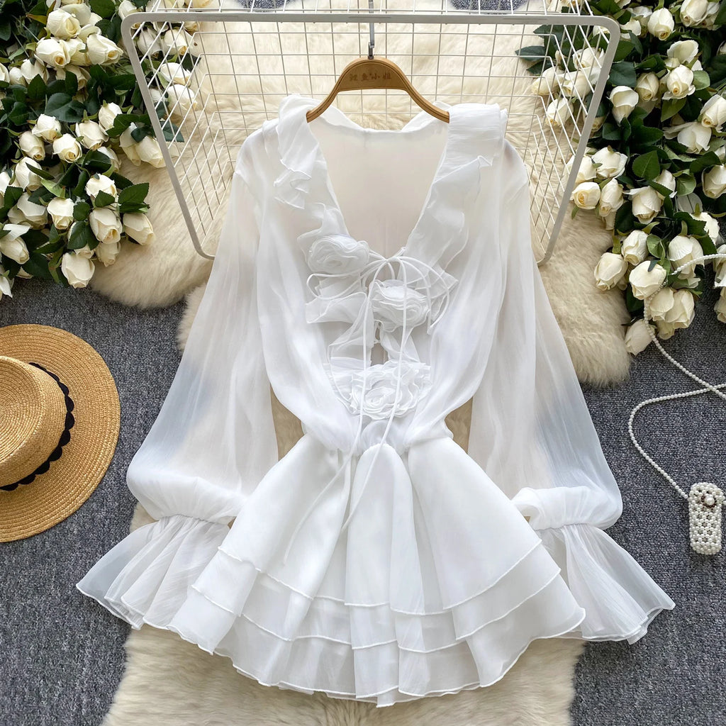 Robe Courte Femme Fleurs 3D Manches Longues Laçage Volants Mousseline – Vintage Bohème Sexy | Plage Été