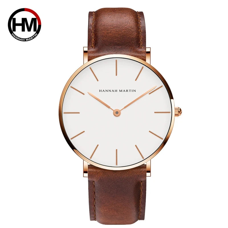 Montre Homme Hannah Martin Quartz Japonais – Bracelet Cuir Marron Argenté Étanche Fashion