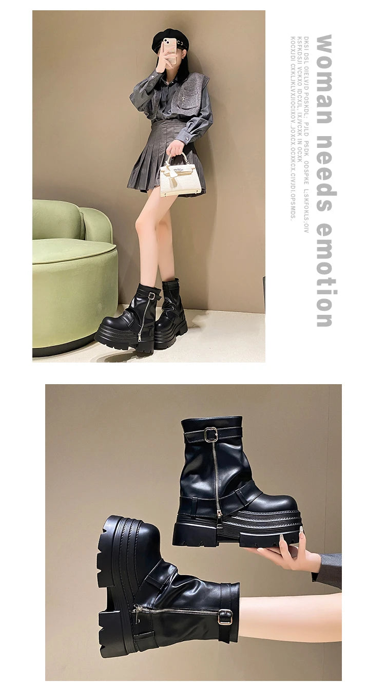 Bottines Cuir Femme 10CM Chunky Platform – Combat Boots Punk Moto Non-Slip Automne Hiver