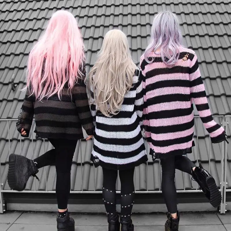 Gothic Damen Strickpullover Lila Streifen Zerrissen Ausgefranst – Fairy Grunge Lolita Emo Streetwear Stil