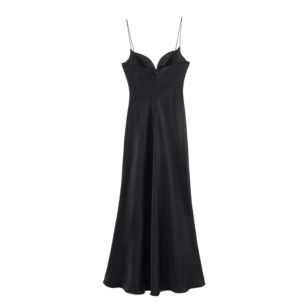 Robe Longue Femme Satin Rouge Col V Bretelles Sans Manches – Fermeture Dos Zip Élégante | HH Été 2025