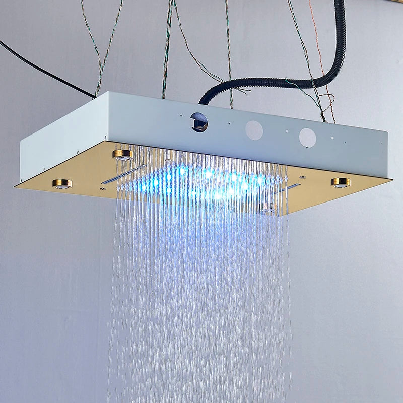 Pommeau Douche Plafond LED Cascade Luxe 49x35cm – Lumières Multicolores Intégrées | Salle de Bain Spa