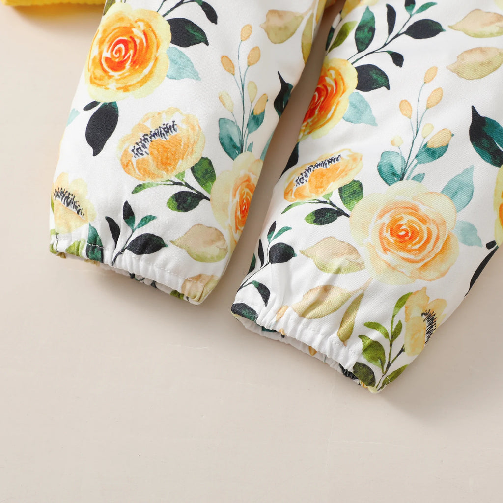 Tenue 3 Pièces Bébé Fille Fleurie – Body Manches Longues + Pantalon Fleurs + Bandeau 0-18 Mois