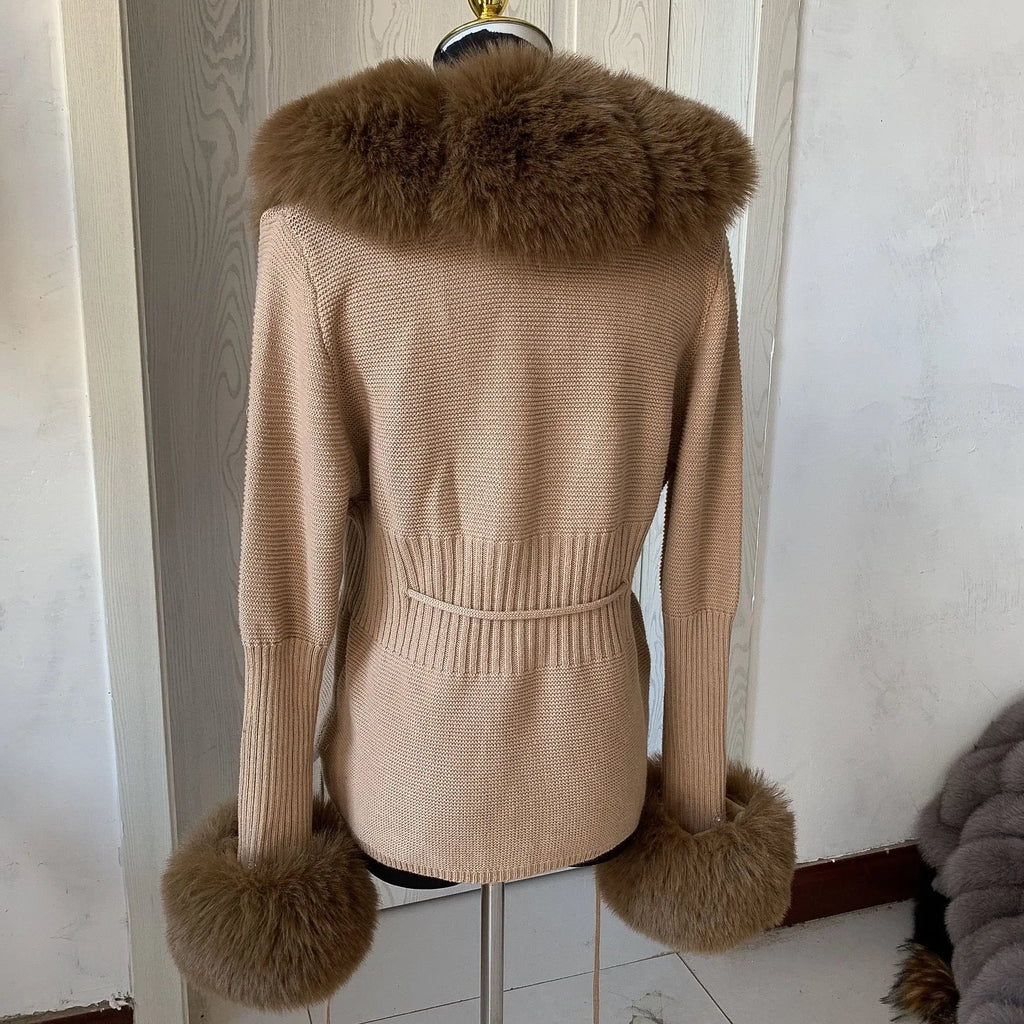 Damen Cardigan Strick Kragen Kunstpelz Fuchs Elegant – Chic & Luxuriöser Pullover Mantel | Frühling Herbst