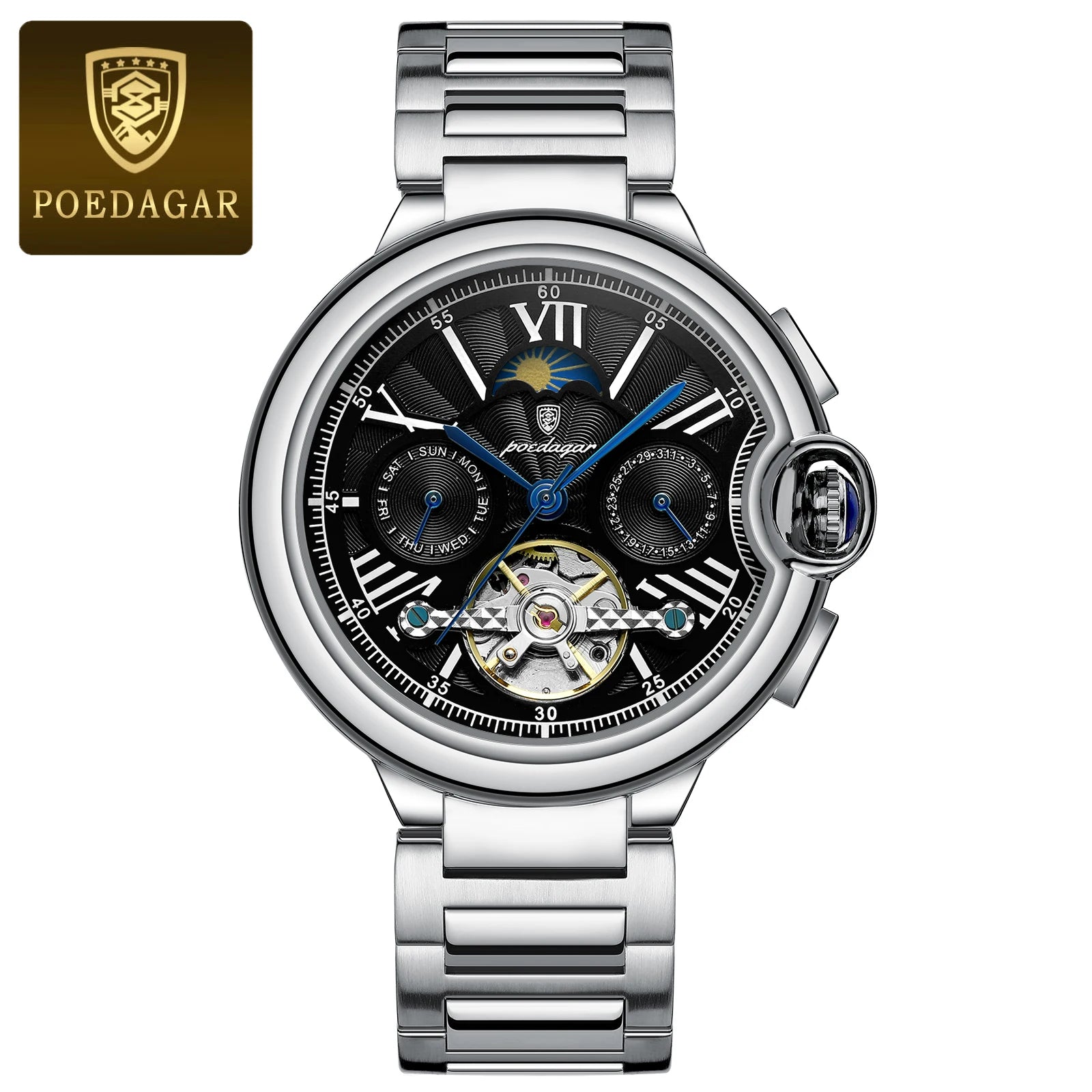 Montre Homme POEDAGAR Tourbillon Automatique Militaire – Acier Date Semaine Étanche