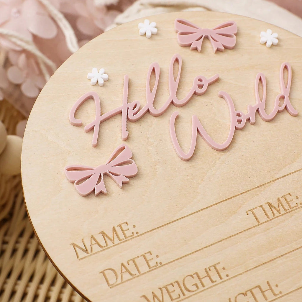 Pancarte Naissance Bébé « Hello World » – Déco Maternité Rose Poudré Papillon Étoile Photo Nouveau-Né