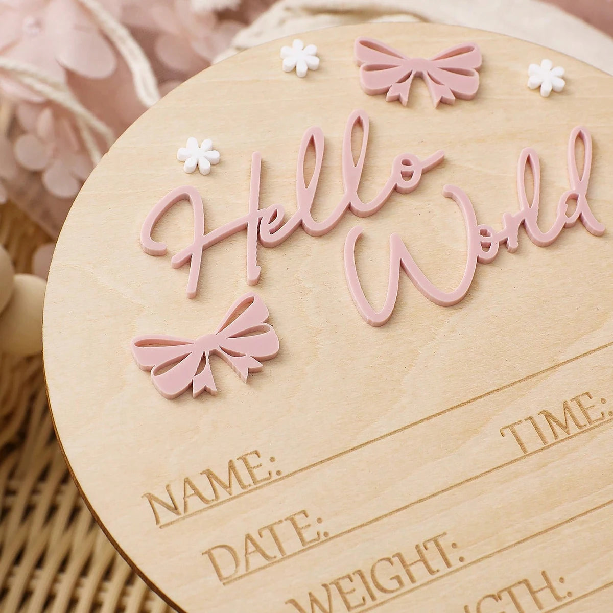 Pancarte Naissance Bébé « Hello World » – Déco Maternité Rose Poudré Papillon Étoile Photo Nouveau-Né