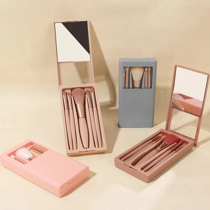 Kit 5 Pinceaux Maquillage Voyage avec Miroir – Pliable & Compact | Mini Set