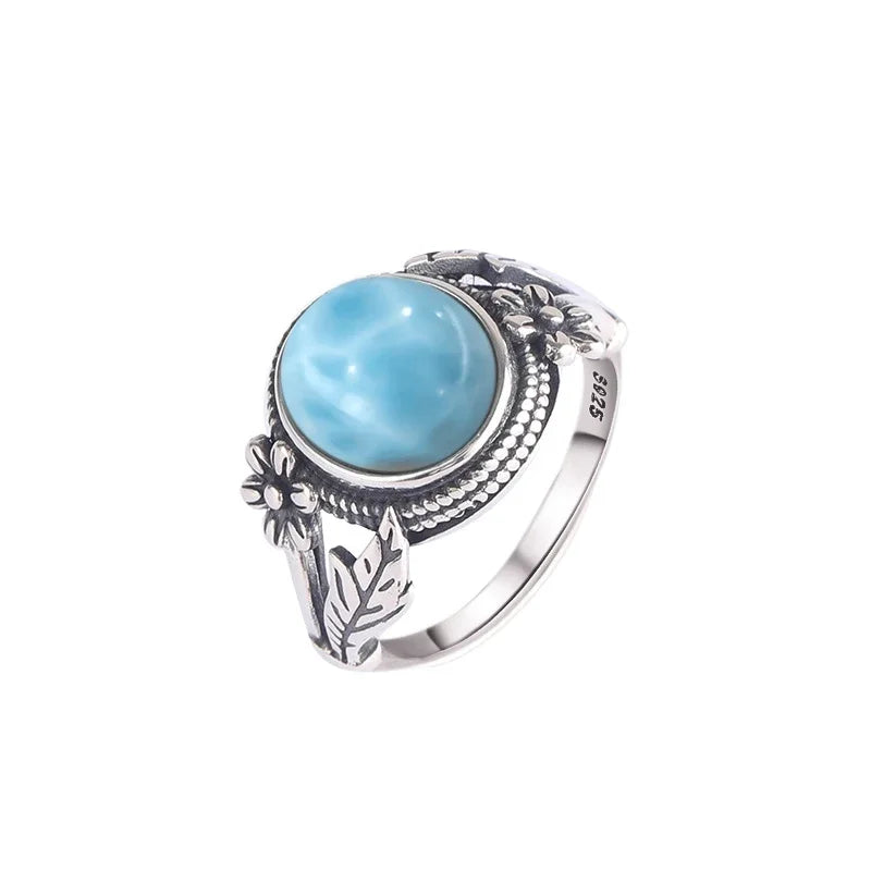 Bague Argent 925 Pierre Larimar Naturelle Vintage – Forme Fleur Ronde Bleu Ciel & Eau de Mer | Bijou Fin Unisexe Pierre Rare des Caraïbes & Cadeau Premium