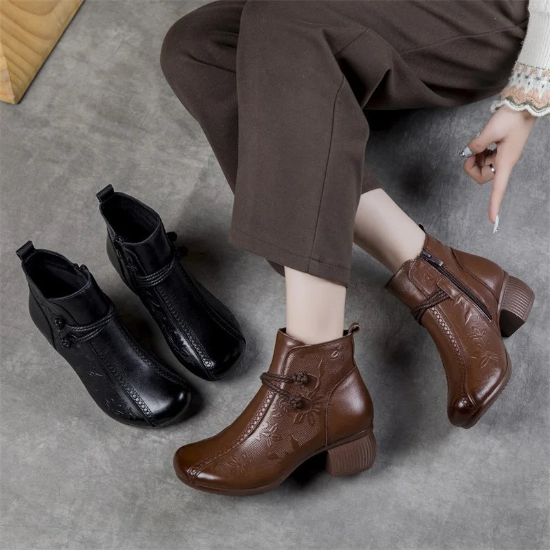GKTINOO Bottines Cuir Véritable Talon Épais 2026 – Zip Retro Fait Main Automne Hiver