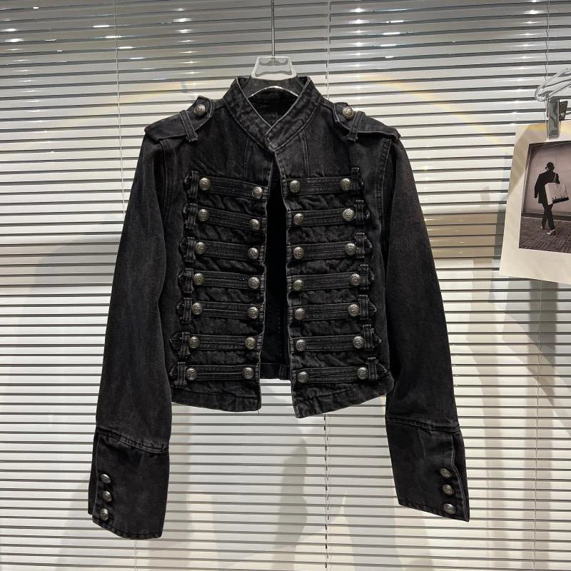Veste en Jean Femme Style Punk Noir Col Montant Vintage Washed Manches Longues Loose – Blouson Moto Automne | Streetwear
