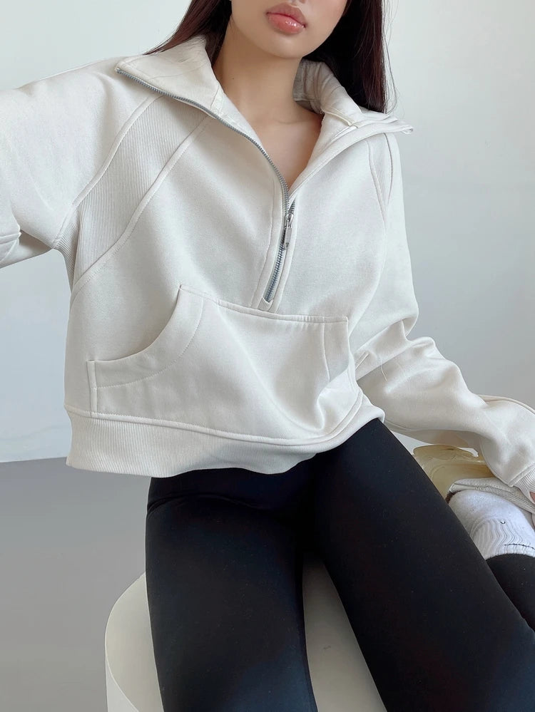 Sweat Femme Oversize Zip Polaire – Hoodie Streetwear Chaud Casual Rose Blanc