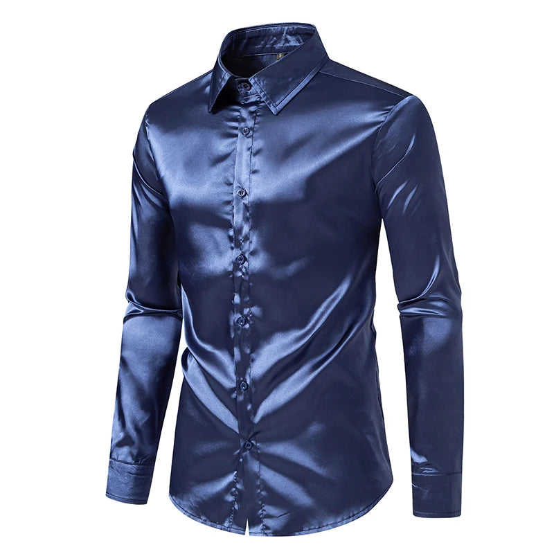 Chemise Homme Satin Noir Luxe Soie Lisse Tuxedo Mariage Soirée Prom Casual Business Bureau Élégante Couleur Unie Premium – Chemise Satin Luxe Cérémonie | Mode Homme Luxe Cérémonie Premium