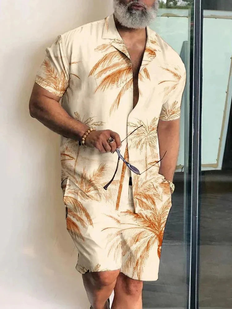 Ensemble 2 Pièces Homme Chemise Hawaïenne Manches Courtes + Short À Cordon Été Vacances Resort | Set Hawaii Premium