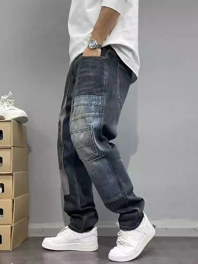 Gerade geschnittene Jeans Patchwork Streetwear 2025 – Japanische Skater-Passform mit mehreren Taschen in großen Größen