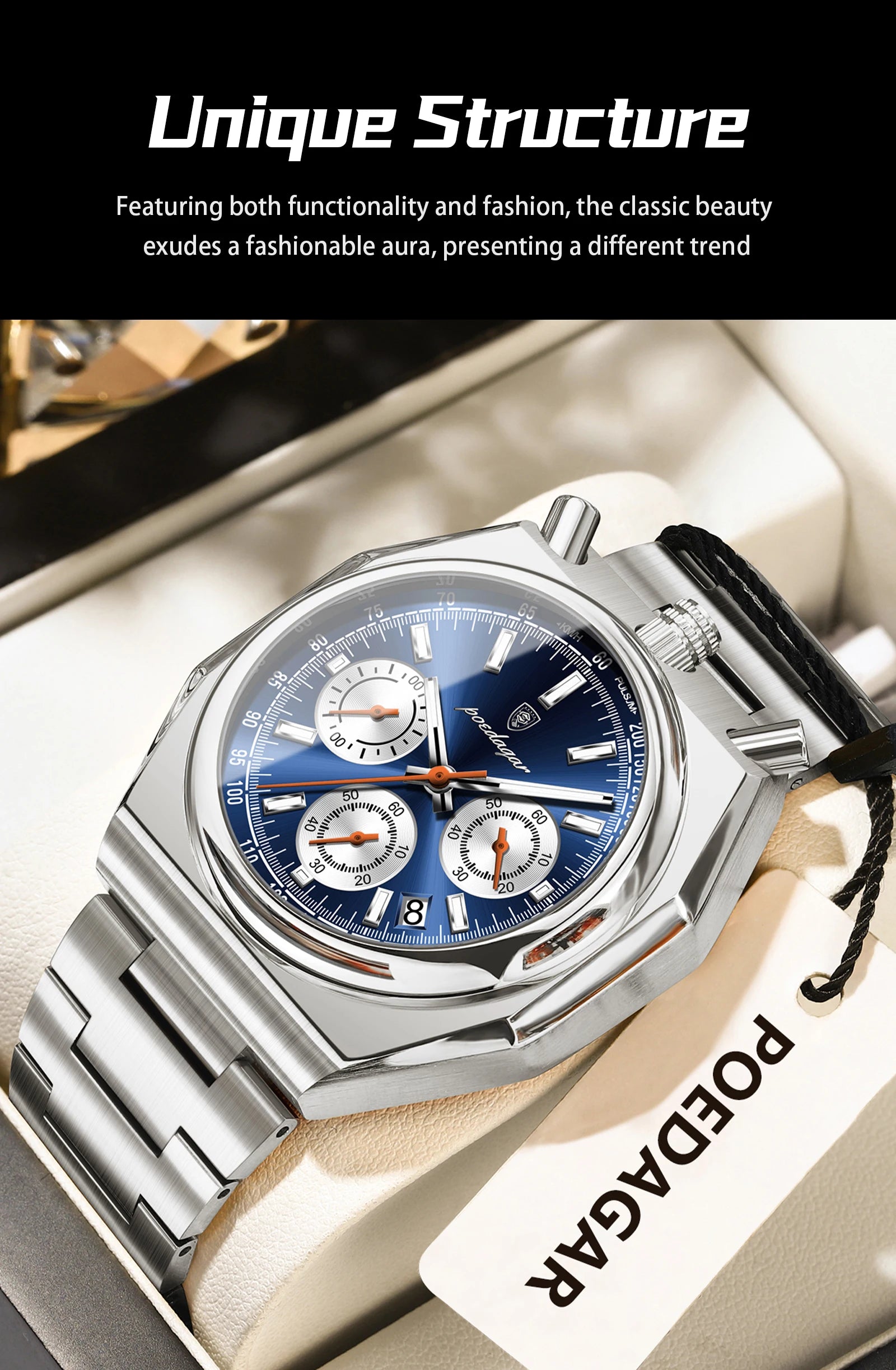 Montre Homme Luxe POEDAGAR Chronographe Militaire Acier Inoxydable Lumineux Étanche + Boîte