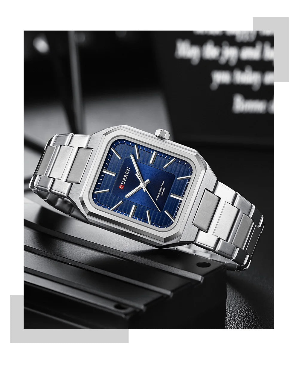 Montre Homme CURREN Vintage Rectangle Acier Inoxydable Quartz Lumineux Étanche – Style Rétro Chic