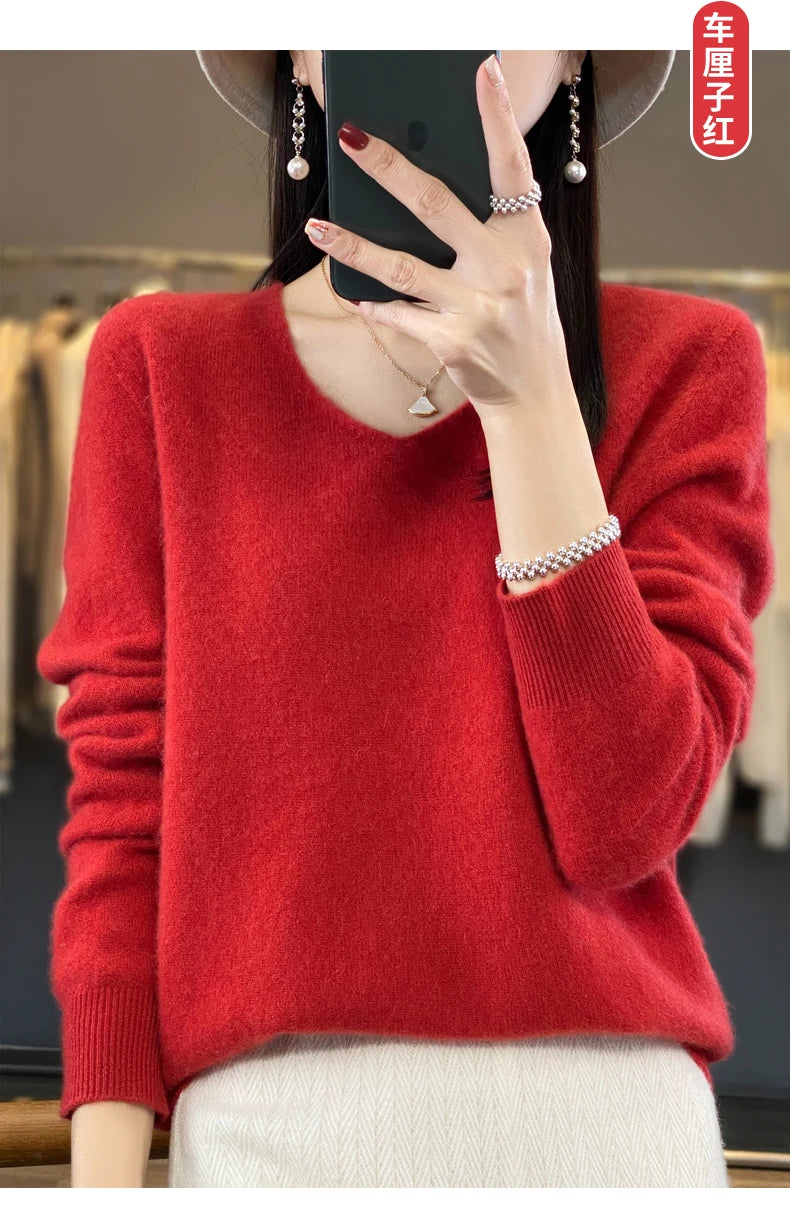 Kaschmirpullover 100% Wolle V-Ausschnitt Damen - Strick Casual Korean Fashion Herbst Winter