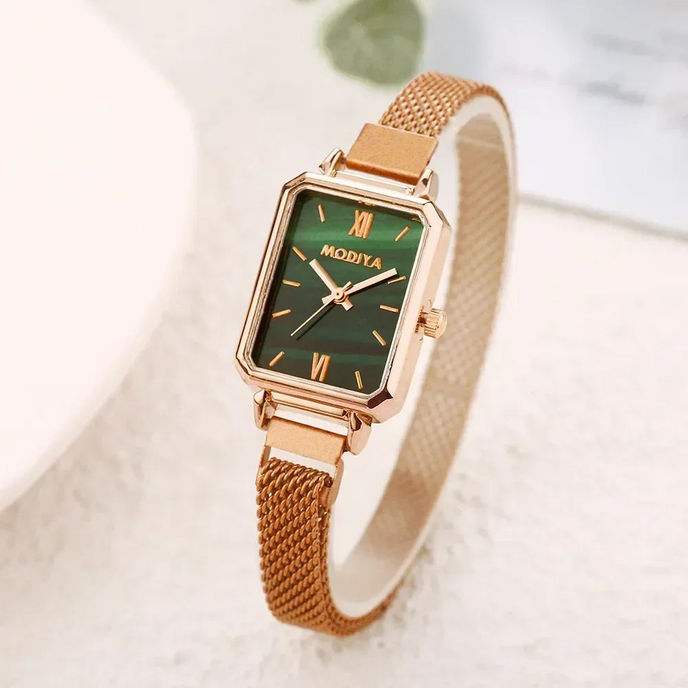 Montre Femme Luxe Carrée Quartz Maille Magnétique Or Rose – Cadran Vert Élégante Minimaliste