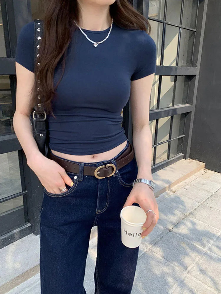 Crop Top Basique Uni Femme – Manches Courtes Col Rond Ajusté | Style Y2K Vintage Harajuku Streetwear