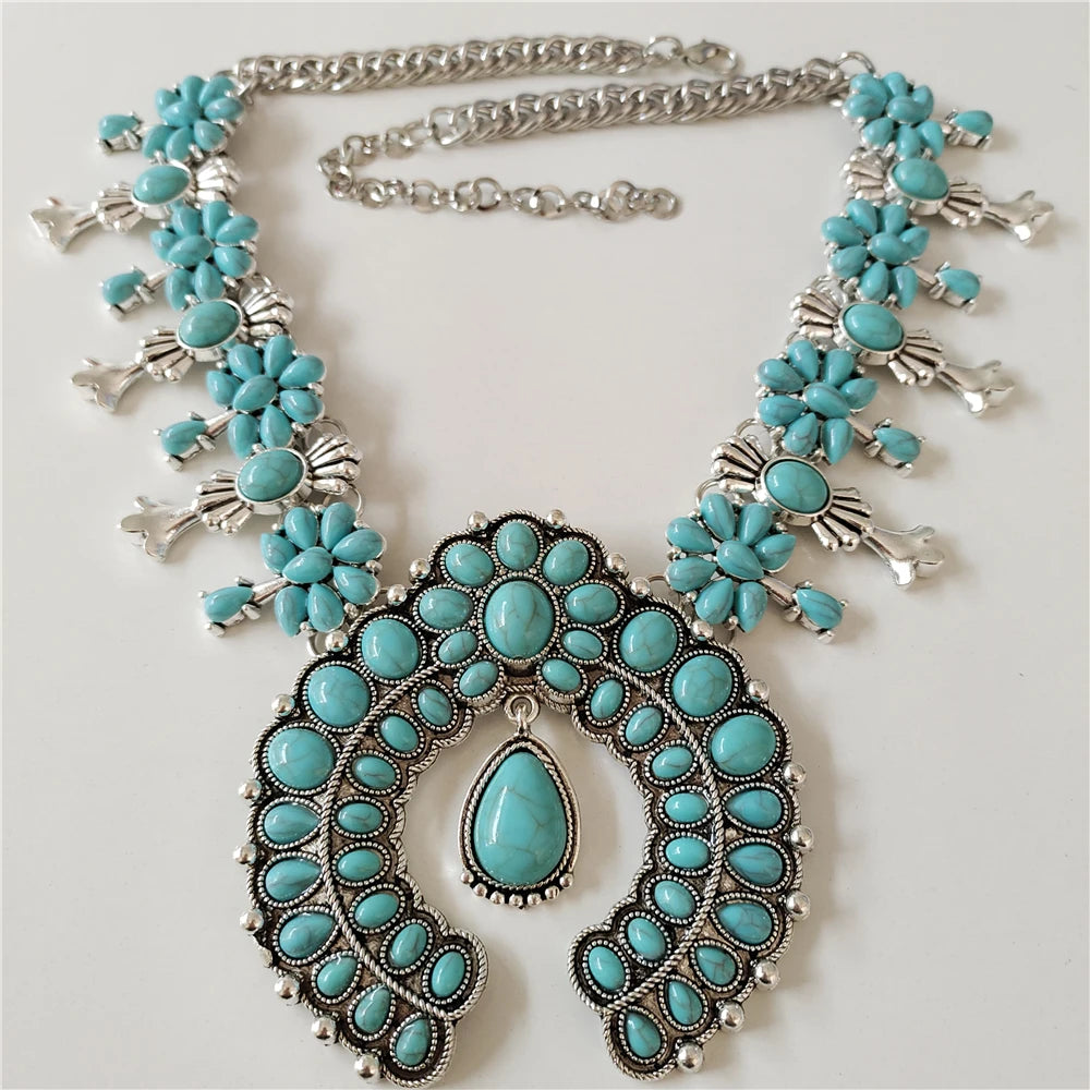 Parure Collier & Boucles Boho Ethnique Turquoise Résine – Pendentif Statement Baroque Retro | Style Indien Vintage | Bijou Femme Tendance 2026