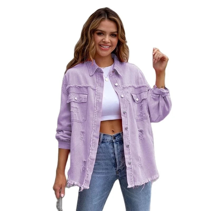 Veste en Jean Femme Bords Bruts Troués – Style Chemise Casual | Printemps Automne Tendance 2025