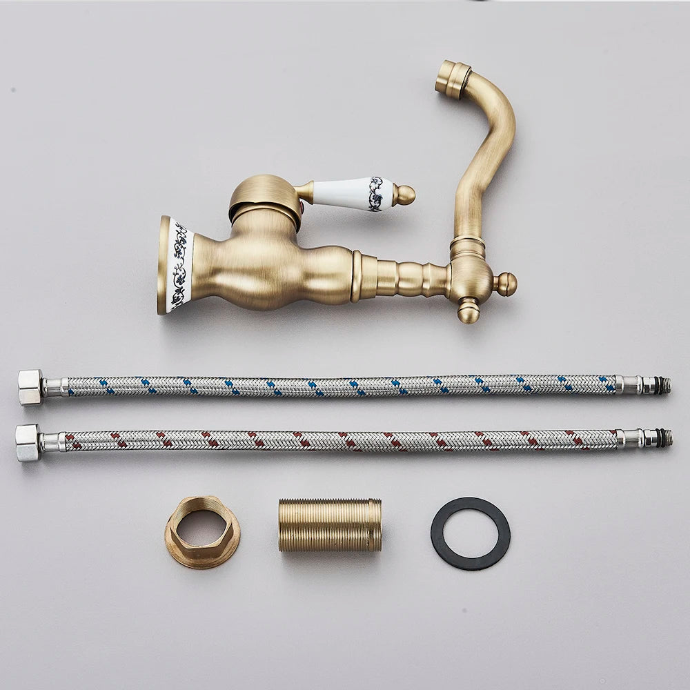 Robinet Laiton Antique Mono-Trou – Poignée Céramique Pivotante, Mitigeur Eau Chaude & Froide | Cuisine & Salle de Bain